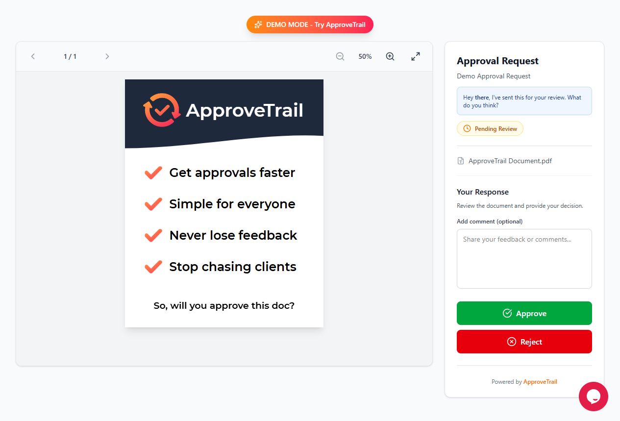 ApproveTrail's public demo showing a document preview, optional comment field, and separate Approve and Reject buttons
